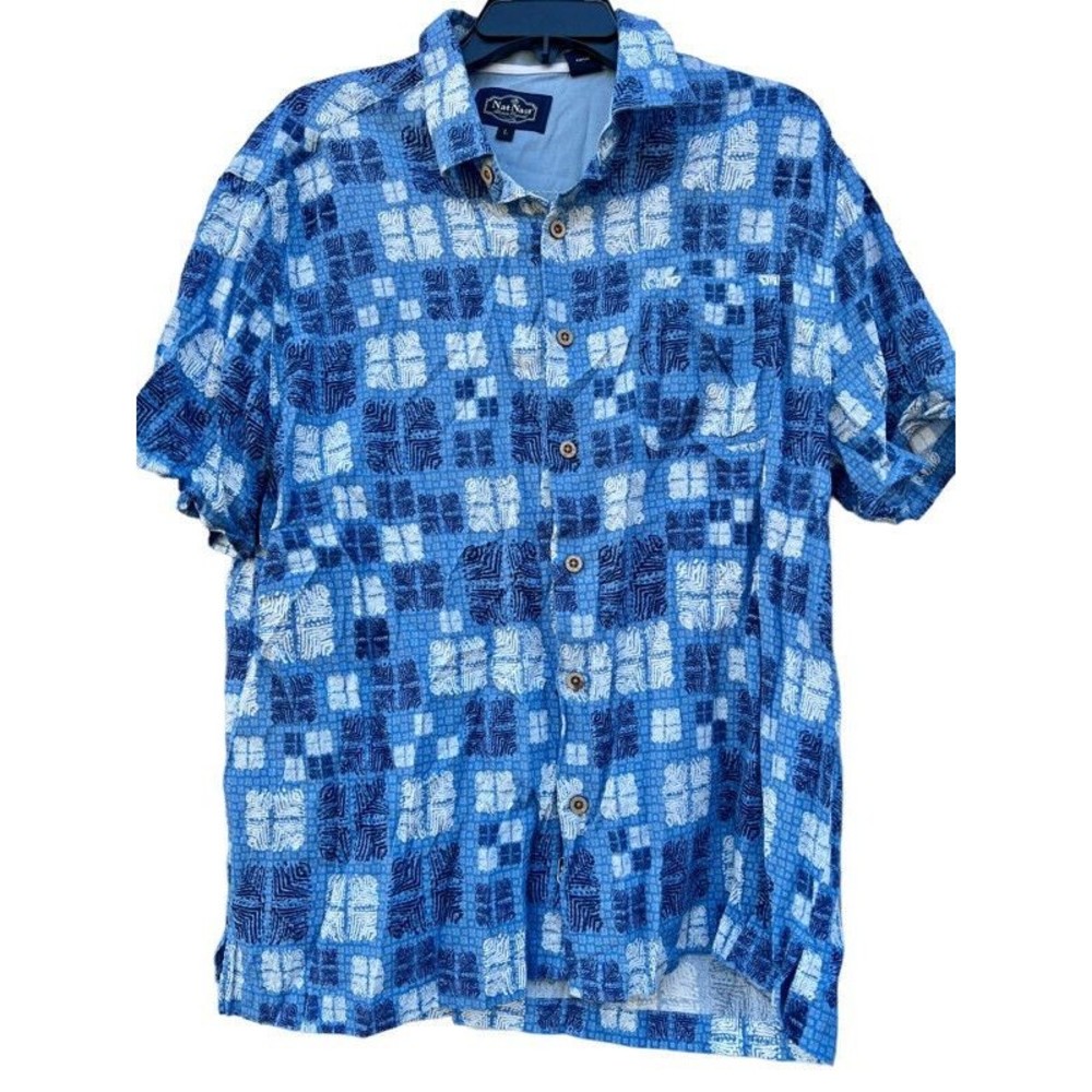 Mens Size Large Nat Nast Hawaiian Camp Silk Cotton Blend Ocean Blue Casual Shirt